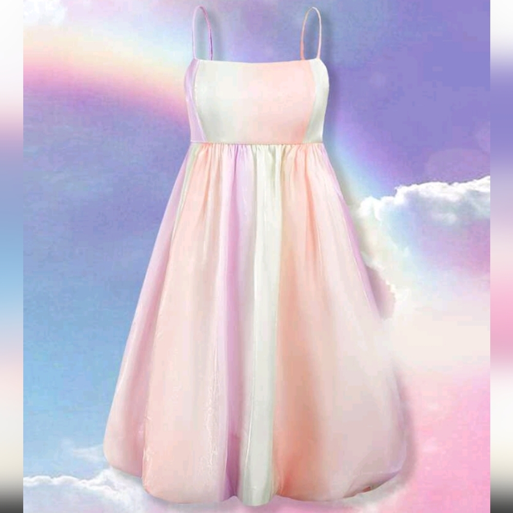 Pastel Ombre Spaghetti Strap Midi Dress - Pink, Cream, Lavender. Size M, US 6.